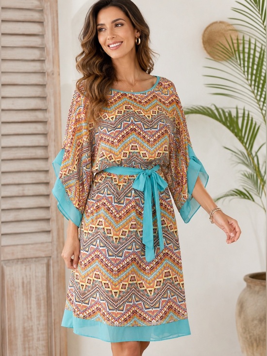 AGB Dresses & Skirts - Vintage AGB Boho Festival Dress Size 6 Sheer Kimono Sleeve Tie Waist